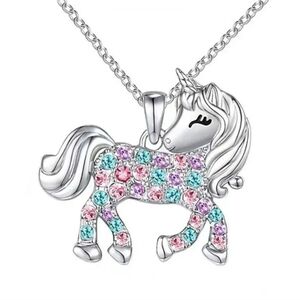 925 Sterling Silver Rainbow Horse Colorful Crystal Unicorn Pendant Pony Necklace